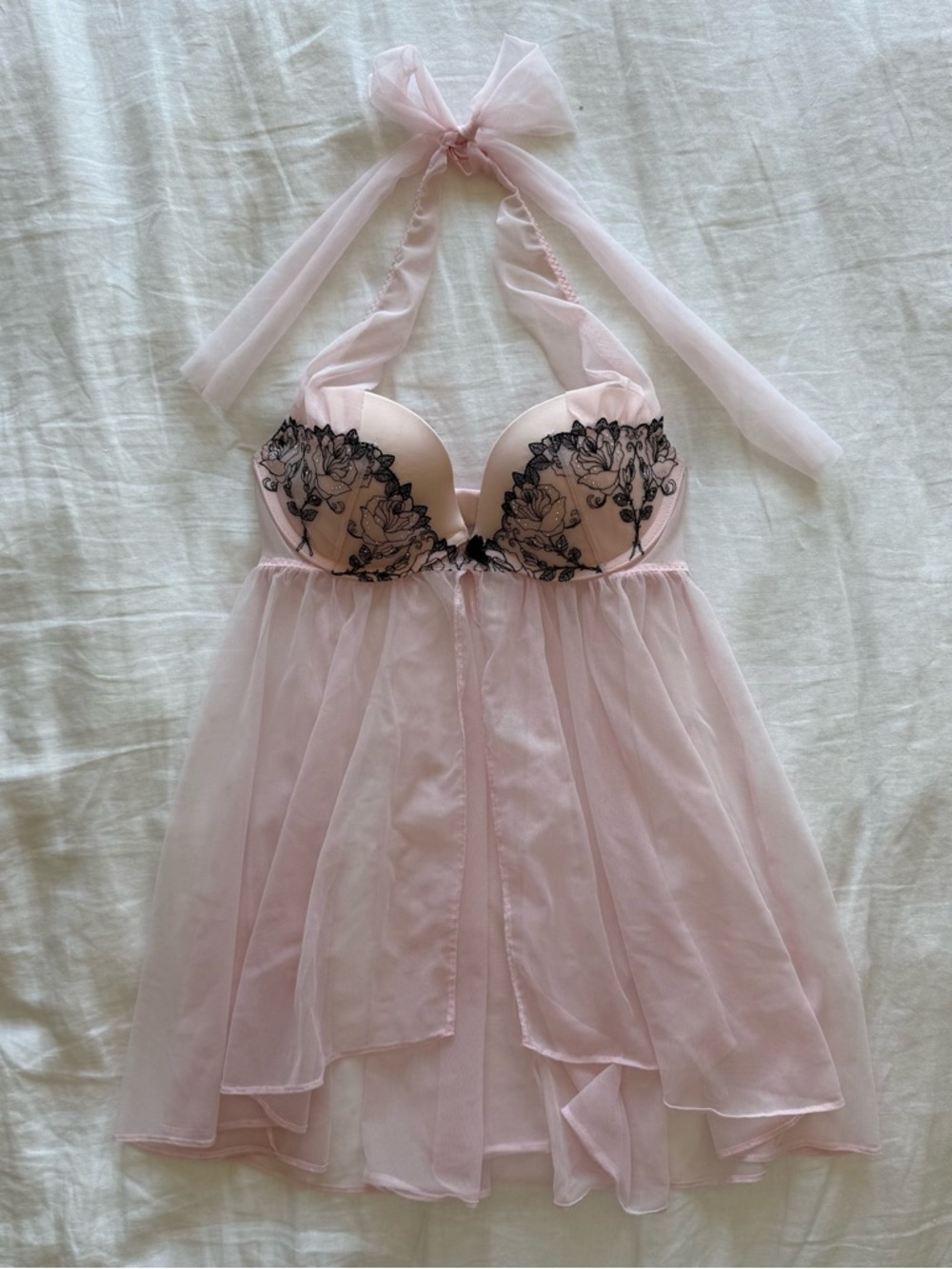 Victoria's Secret Pale Pink Halter Babydoll with Black Floral Embroidery